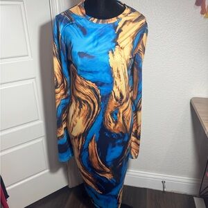 Abstract Blue and Gold Long Sleeve Dress